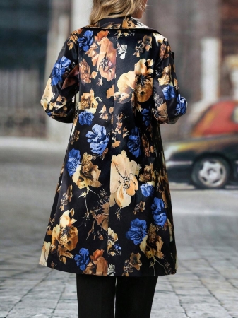 Women's Elegant Peaked Lapel Printed Long-Sleeved Mid-Length Suit Jacket Coat - Image 29