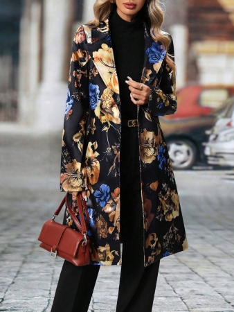 Women's Elegant Peaked Lapel Printed Long-Sleeved Mid-Length Suit Jacket Coat - Image 30