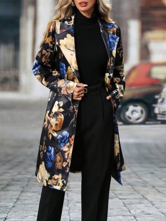 Women's Elegant Peaked Lapel Printed Long-Sleeved Mid-Length Suit Jacket Coat - Image 31