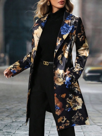Women's Elegant Peaked Lapel Printed Long-Sleeved Mid-Length Suit Jacket Coat - Image 32