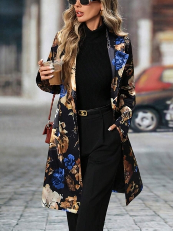 Women's Elegant Peaked Lapel Printed Long-Sleeved Mid-Length Suit Jacket Coat - Image 33