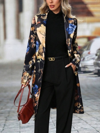 Women's Elegant Peaked Lapel Printed Long-Sleeved Mid-Length Suit Jacket Coat - Image 34