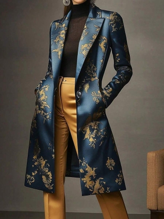 Women's Elegant Peaked Lapel Printed Long-Sleeved Mid-Length Suit Jacket Coat - Image 35