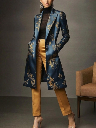 Women's Elegant Peaked Lapel Printed Long-Sleeved Mid-Length Suit Jacket Coat - Image 37