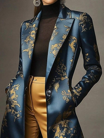 Women's Elegant Peaked Lapel Printed Long-Sleeved Mid-Length Suit Jacket Coat - Image 38