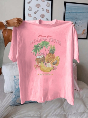 Women's New Round Neck Short Sleeved Summer T-Shirt, Featuring Casual Fruit Pattern Printed Tee, With A Sweet And Gentle Temperament, Slim Fit And Comfortable Summer Tops, Suitable For Daily Casual Wear, Graphic Tees Women, Summer For Women