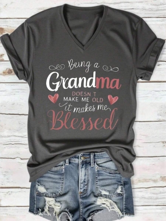 GRANDMA Slogan Text Graphic V-Neck Short Sleeve Casual T-Shirt, Gift For Grandmothers - Image 2