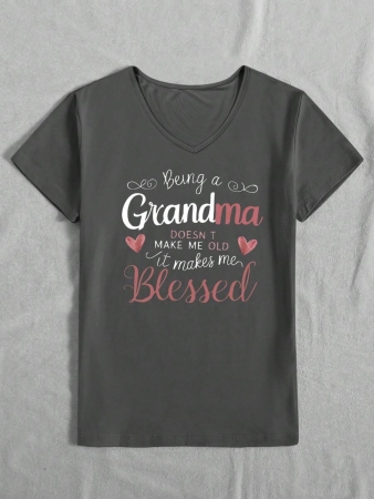 GRANDMA Slogan Text Graphic V-Neck Short Sleeve Casual T-Shirt, Gift For Grandmothers - Image 4