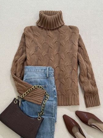 Autumn And Winter Elegant Fashion Casual Comfortable Brown Twisted Rope Sisal Pattern Textured High Neck Long Sleeve Sweater Knitted Pullover,Fall Clothes For Women, Winter Clothes For Women,Fall Tops,Work/Office, Business Casual Woman - Image 3