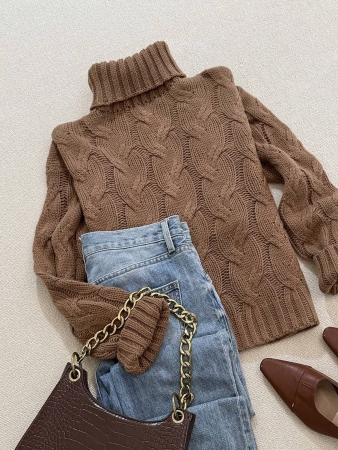 Autumn And Winter Elegant Fashion Casual Comfortable Brown Twisted Rope Sisal Pattern Textured High Neck Long Sleeve Sweater Knitted Pullover,Fall Clothes For Women, Winter Clothes For Women,Fall Tops,Work/Office, Business Casual Woman - Image 5