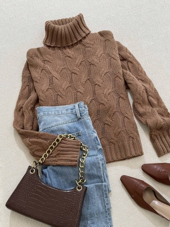 Autumn And Winter Elegant Fashion Casual Comfortable Brown Twisted Rope Sisal Pattern Textured High Neck Long Sleeve Sweater Knitted Pullover,Fall Clothes For Women, Winter Clothes For Women,Fall Tops,Work/Office, Business Casual Woman - Image 6