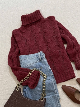 Autumn And Winter Elegant Fashion Casual Comfortable Brown Twisted Rope Sisal Pattern Textured High Neck Long Sleeve Sweater Knitted Pullover,Fall Clothes For Women, Winter Clothes For Women,Fall Tops,Work/Office, Business Casual Woman - Image 17