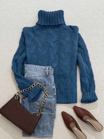 Autumn And Winter Elegant Fashion Casual Comfortable Brown Twisted Rope Sisal Pattern Textured High Neck Long Sleeve Sweater Knitted Pullover,Fall Clothes For Women, Winter Clothes For Women,Fall Tops,Work/Office, Business Casual Woman - Image 24