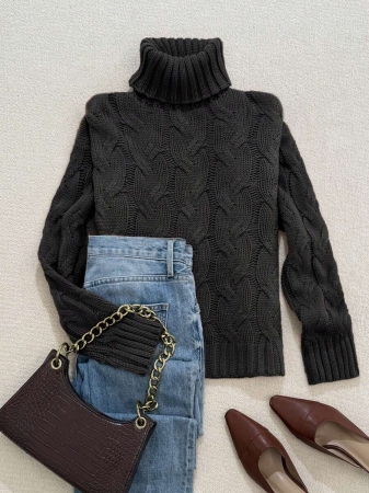 Autumn And Winter Elegant Fashion Casual Comfortable Brown Twisted Rope Sisal Pattern Textured High Neck Long Sleeve Sweater Knitted Pullover,Fall Clothes For Women, Winter Clothes For Women,Fall Tops,Work/Office, Business Casual Woman - Image 27