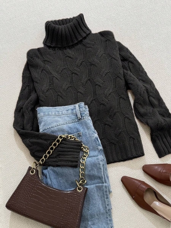 Autumn And Winter Elegant Fashion Casual Comfortable Brown Twisted Rope Sisal Pattern Textured High Neck Long Sleeve Sweater Knitted Pullover,Fall Clothes For Women, Winter Clothes For Women,Fall Tops,Work/Office, Business Casual Woman - Image 30