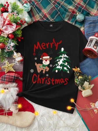 SHEIN LUNE Casual Loose Crew Neck Short Sleeve Women T-Shirt, Red, Suitable For Christmas, Merry Christmas, Reindeer, Christmas Tree,Christmas,Red Top - Image 2