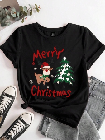 SHEIN LUNE Casual Loose Crew Neck Short Sleeve Women T-Shirt, Red, Suitable For Christmas, Merry Christmas, Reindeer, Christmas Tree,Christmas,Red Top - Image 7