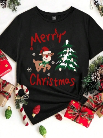 SHEIN LUNE Casual Loose Crew Neck Short Sleeve Women T-Shirt, Red, Suitable For Christmas, Merry Christmas, Reindeer, Christmas Tree,Christmas,Red Top - Image 8