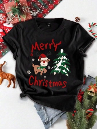 SHEIN LUNE Casual Loose Crew Neck Short Sleeve Women T-Shirt, Red, Suitable For Christmas, Merry Christmas, Reindeer, Christmas Tree,Christmas,Red Top - Image 9