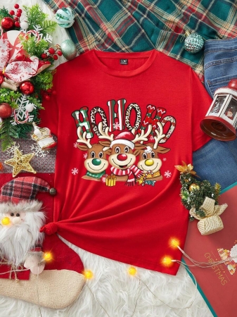 SHEIN LUNE Casual Loose Crew Neck Short Sleeve Women T-Shirt, Red, Suitable For Christmas, Merry Christmas, Reindeer, Christmas Tree,Christmas,Red Top - Image 18
