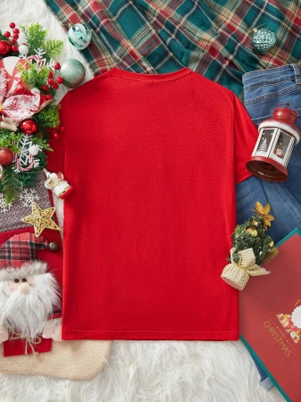 SHEIN LUNE Casual Loose Crew Neck Short Sleeve Women T-Shirt, Red, Suitable For Christmas, Merry Christmas, Reindeer, Christmas Tree,Christmas,Red Top - Image 19