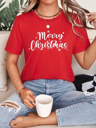 SHEIN LUNE Casual Loose Crew Neck Short Sleeve Women T-Shirt, Red, Suitable For Christmas, Merry Christmas, Reindeer, Christmas Tree,Christmas,Red Top - Image 37