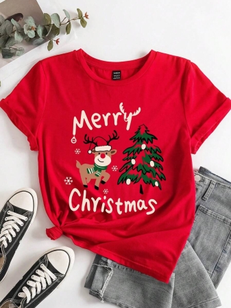 SHEIN LUNE Casual Loose Crew Neck Short Sleeve Women T-Shirt, Red, Suitable For Christmas, Merry Christmas, Reindeer, Christmas Tree,Christmas,Red Top - Image 39