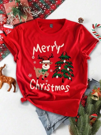 SHEIN LUNE Casual Loose Crew Neck Short Sleeve Women T-Shirt, Red, Suitable For Christmas, Merry Christmas, Reindeer, Christmas Tree,Christmas,Red Top - Image 40