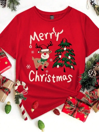 SHEIN LUNE Casual Loose Crew Neck Short Sleeve Women T-Shirt, Red, Suitable For Christmas, Merry Christmas, Reindeer, Christmas Tree,Christmas,Red Top - Image 41