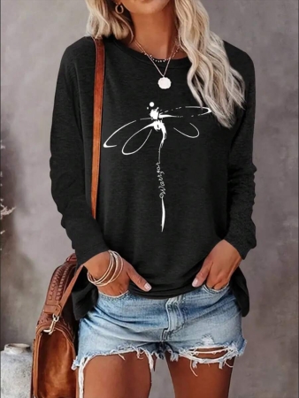 INAWLY Graphic Print Round Neck Casual Versatile Long Sleeve T-Shirt Graphic Tees Women Tops For Spring Fall Cloth For Women - Image 2