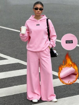Muchica Women's Casual Loose Fit Fleece Lined Hoodie And Sweatpants Set, Pink, Autumn/Winter,Cozy Fall And Winter Clothes For Women