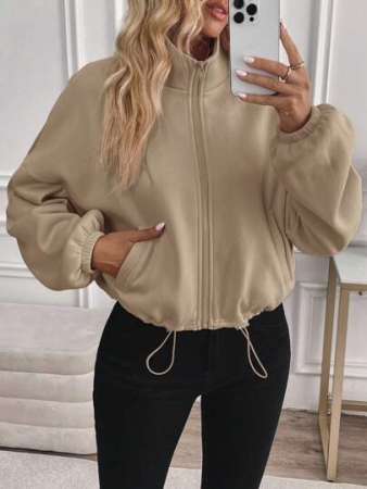 SHEIN LUNE Women's Zip-Up Drawstring Long Sleeve Warm Fleece Fashionable Casual Stand Collar Hoodie Jacket Khaki Zip Up In Fall/Winter,Zip Up Hoodie Women