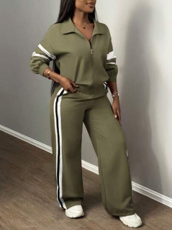 Slaydiva New Casual Sports Street Stand-Up Collar Zipper Long-Sleeved Off-Shoulder Jacket + Straight Wide-Leg Trousers Rose Purple With White And Black Ribbon Women's Two-Piece Set