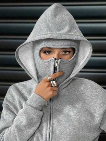 Social Anxiety Essential,Face-Covering,Women's Oversized Fit&Regular Length Double-Hooded Hooded Sweatshirt&Sweatshirts,Zip-Up With Pocket,Fall Women Clothes,Winter Clothes For Women,Autumn Clothes,Winter,Winter Clothes,Fall Clothes