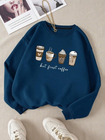 INAWLY Coffee And Slogan Graphic Thermal Lined Sweatshirt,Long Sleeve Tops Graduation,Back To School Outfits,Graduation,Teacher Outfits For Women,Back To School Pullover Fall Outfit - Image 2