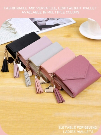Cute Tassel Pendant Decor Wallet Faux Leather Multi-Functional Wallet Women Short Wallet Coin Purse Flap Card Case Envelope Bag For Women Wallet - Image 2