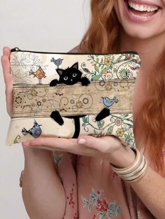 1 Pc Funny Cats Pattern Cosmetic Bag, Funny Cat Toiletry Bag, Portable Travel Storage Bag Women Bags, Summer Bag, Festival Bags, Makeup Bags, Purse, School Bags Back To School Supplies
