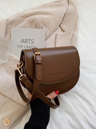 Letter Graphic Saddle Bag, Fashion Solid Color Crossbody Bag, Small Flap Purse For Women