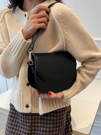 Letter Graphic Saddle Bag, Fashion Solid Color Crossbody Bag, Small Flap Purse For Women - Image 11