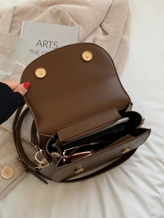 Letter Graphic Saddle Bag, Fashion Solid Color Crossbody Bag, Small Flap Purse For Women - Image 14
