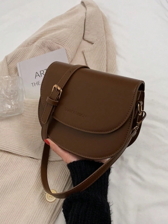 Letter Graphic Saddle Bag, Fashion Solid Color Crossbody Bag, Small Flap Purse For Women - Image 18