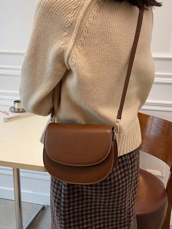 Letter Graphic Saddle Bag, Fashion Solid Color Crossbody Bag, Small Flap Purse For Women - Image 23