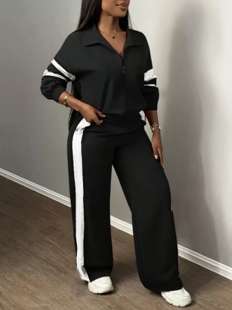 Slaydiva New Casual Sports Street Stand-Up Collar Zipper Long-Sleeved Off-Shoulder Jacket + Straight Wide-Leg Trousers Rose Purple With White And Black Ribbon Women's Two-Piece Set - Image 2
