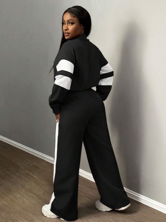 Slaydiva New Casual Sports Street Stand-Up Collar Zipper Long-Sleeved Off-Shoulder Jacket + Straight Wide-Leg Trousers Rose Purple With White And Black Ribbon Women's Two-Piece Set - Image 3