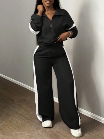 Slaydiva New Casual Sports Street Stand-Up Collar Zipper Long-Sleeved Off-Shoulder Jacket + Straight Wide-Leg Trousers Rose Purple With White And Black Ribbon Women's Two-Piece Set - Image 4