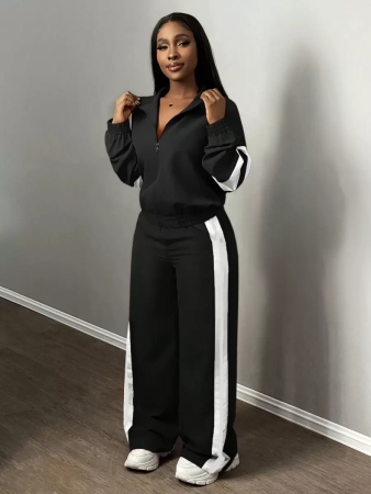 Slaydiva New Casual Sports Street Stand-Up Collar Zipper Long-Sleeved Off-Shoulder Jacket + Straight Wide-Leg Trousers Rose Purple With White And Black Ribbon Women's Two-Piece Set - Image 6