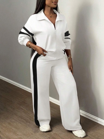 Slaydiva New Casual Sports Street Stand-Up Collar Zipper Long-Sleeved Off-Shoulder Jacket + Straight Wide-Leg Trousers Rose Purple With White And Black Ribbon Women's Two-Piece Set - Image 7