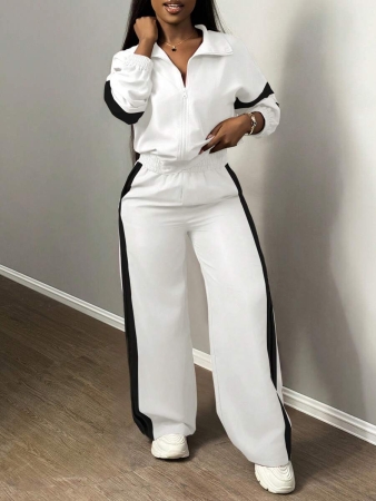 Slaydiva New Casual Sports Street Stand-Up Collar Zipper Long-Sleeved Off-Shoulder Jacket + Straight Wide-Leg Trousers Rose Purple With White And Black Ribbon Women's Two-Piece Set - Image 9
