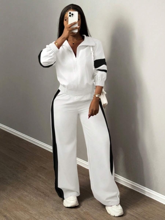 Slaydiva New Casual Sports Street Stand-Up Collar Zipper Long-Sleeved Off-Shoulder Jacket + Straight Wide-Leg Trousers Rose Purple With White And Black Ribbon Women's Two-Piece Set - Image 10