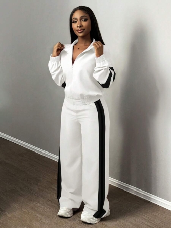 Slaydiva New Casual Sports Street Stand-Up Collar Zipper Long-Sleeved Off-Shoulder Jacket + Straight Wide-Leg Trousers Rose Purple With White And Black Ribbon Women's Two-Piece Set - Image 11